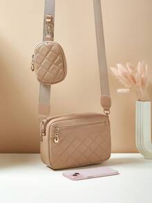 1pc Girls Mini Diamond Quilted Embroidered Letter Pouch, Padded Embroidered Phone Coin Purse - Khaki - View 5