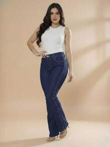 pthirillo Women's Dark Blue Flare Jeans With Butt-Lifting, High Waist, And Rhinestone Detail - Premium Rhinestone Jeans - Side Rhinestones - View 5