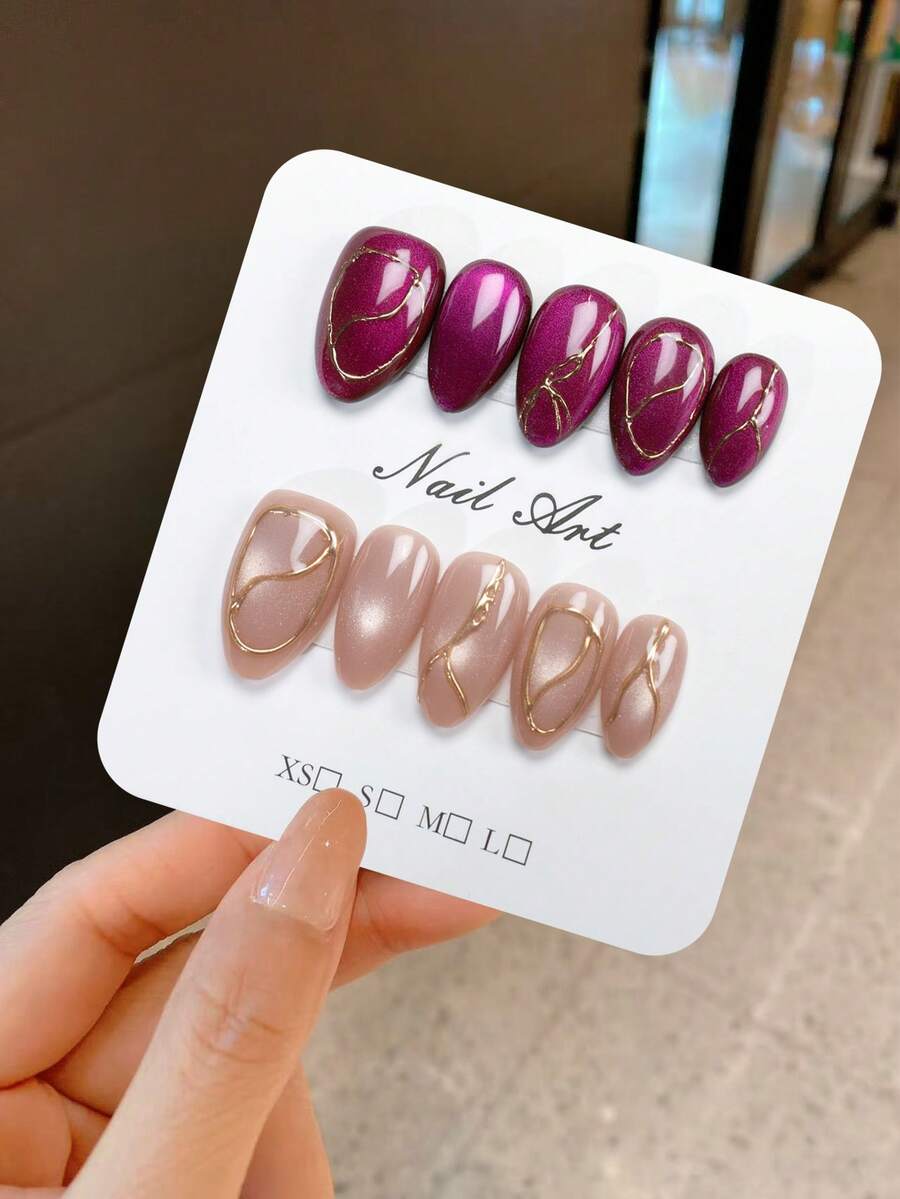 10pcs Cat Eye Reflective Almond Shaped False Nails Set, Includes 1 Mini Nail File And 1 Sticker, Suitable For Daily Wear And Nail Art Decoration, Suitable For Girls, Ladies, Parties, Holidays - Multicolor - View 1