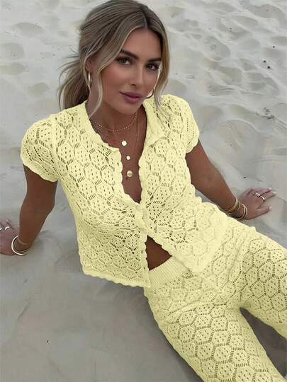 Women's Summer Vacation Crochet Mesh Hollow Out Short Sleeve Knit Cardigan + Long Pants 2 Pieces Set - Vacation 2 Pieces Set, Crochet Sunscreen Club Sexy Fitted Ladies Suit