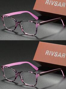 RIVSAR 閱讀眼鏡，方形花卉拼接彈簧鉸鏈鏡框，適用於辦公、電腦及日常使用 - 透明色 - 查看 67