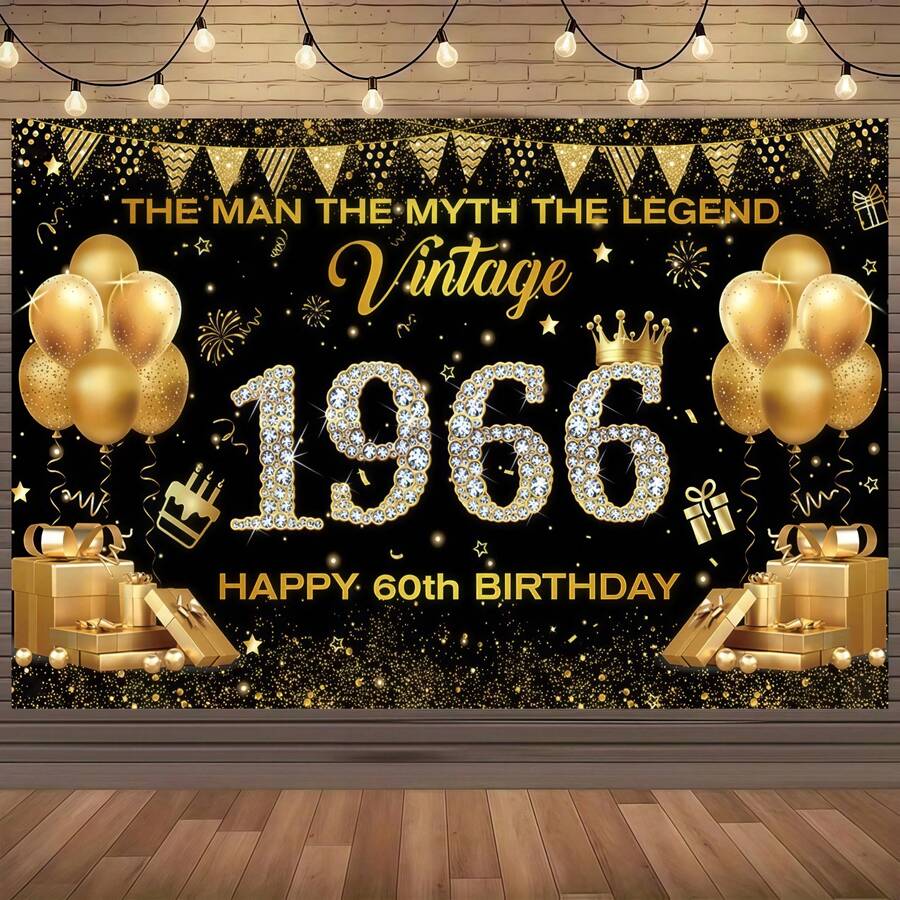 1pc 60th Birthday Decoration Backdrop, Black & Gold Balloon Gift Elements, 1966 Anniversary, Suitable For Indoor & Outdoor, Cake Table Decor, Anniversary Celebration, Party Supplies - Multicolor - View 1