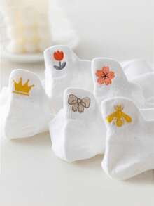 1/3/5 Pairs Spring/Summer Thin Breathable White Socks With Embroidered Crown & Sakura Flower Heel Tab, Fashionable Ankle Socks For Women - Multicolor - View 8