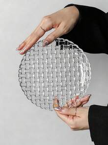 1pc Creative High-End Woven Texture Glass Round Plate, Elegant Transparent Breakfast/Fruit/Dessert Serving Tray - Clear - View 11