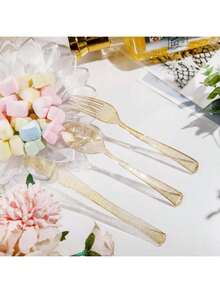 150/75/25件金色闪光派对餐具套装 - 包括50把叉子、50把刀、50把勺子 - 可重复使用且可清洗，是婚礼、派对、节日、圣诞装饰、餐具、厨房和情人节的理想之选。 - 彩色 - 查看 3