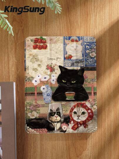 Cat & Flower Patchwork Pattern Tablet Protective Case, Compatible With IPad 9.7/10.2/10.5/10.9/12.9/Pro 11 (10th Gen), Galaxy Tab S6 Lite 10.4", Kindle Paperwhite (12th Gen, 2024), Kindle (11th Gen, 2022), Kobo Clara Color, Soft & Shock-Resistant, Smart Stand/Auto Wake/Sleep Function