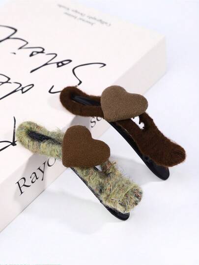 2个装针织包裹大鸭子发夹，防滑齿，女士/女孩发夹，心形3D装饰一体式发夹，休闲/通勤/派对，复古甜美慵懒ins风发饰