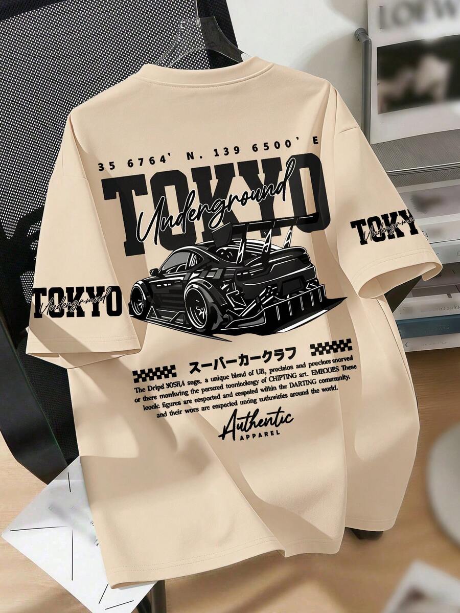 Teenager Boys' Round Neck Short Sleeve T-Shirt With Racing Car & Slogan Graphic Print, Fashionable & Comfortable, New For Spring/Summer - Apricot - View 1