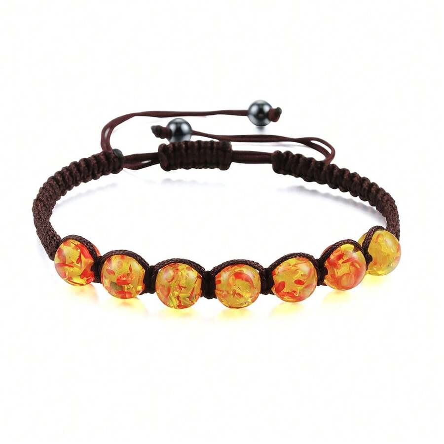 1 pieza de pulsera tejida a mano con cuentas de imitación de ámbar de 8 mm ajustable, brazalete sencillo y de moda