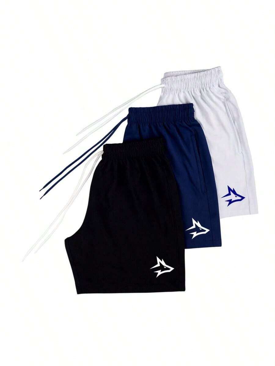 Kit Of 3 Men's Shorts With Geometric Print, Alpha Wolf, Alpha Co Premium Tactel Fabric - Black/Blue/White - View 1