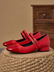 MonaNise Giày Mary Jane nữ cao gót chunky, đế bọc vải, phối kim loại và màu đỏ, kiểu dáng thời trang, đa năng. - Đỏ - Xem 5