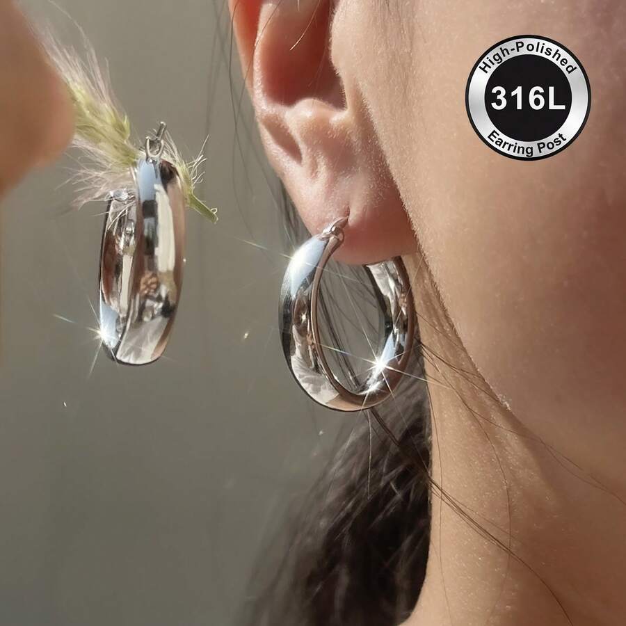 高品质18K镀金防褪色不锈钢耳环，316L耳针，低过敏性，优雅迷人垂坠时尚简约经典风格耳环，适合日常佩戴、节日、度假或派对。 - 銀色 - 查看 1