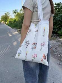 日式涂鸦刺绣帆布手提包，百搭休闲风通勤单肩包 - 彩色 - 查看 10