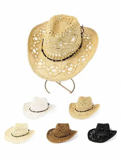 1pc Beige Hollow Woven Western Cowboy Hat, Wide Brim, Crochet Lace, Black Butterfly & Heart Beaded Decorative Band, Vintage Casual Sun Hat, Suitable For Spring/Summer Outings, Niche Stylish Accessory, Fits Nature & Mature Aesthetics