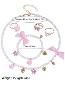 Bộ 5 món trang sức cho bé gái: Dây chuyền và vòng tay đính hạt, mặt dây chuyền hình bướm và hoa trà màu hồng, ngọc trai trắng. - Nhiều màu - Xem 2