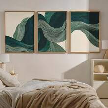 Green Abstract Waves Wall Art Set Of 3, Japandi Minimalist Wall Art, Medieval Green Abstract Decoration, Home Decor Living Room, Wall Decor, No Frame - Waves - View 3