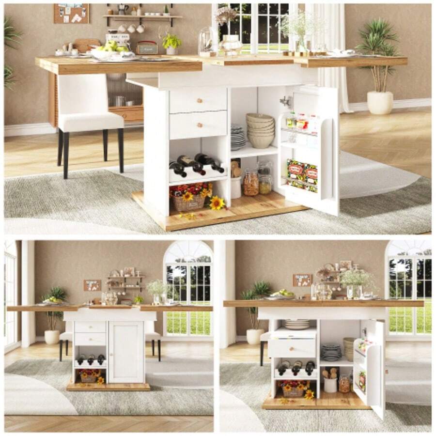 Telescopic Dining Table (110-140 X 80 Cm), Folding Dining Table, Ideal For 4-6 People, Extendable Dining Table, Space-Saving Kitchen Table, Suitable For Kitchen And Living Room, Dining Table With Snack And Wine Rack, White