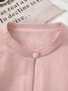 女童优雅圆领叶子刺绣图案针织开衫 - 粉色 - 查看 2