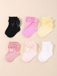 6双可爱柔软蝴蝶结婴儿袜，适合女宝宝，时尚新生儿袜，可用作婴儿服装或新生儿礼物
