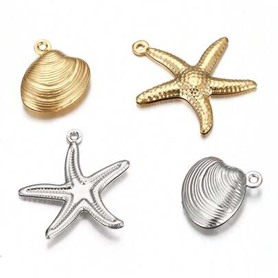 10pcs Gold Stainless Steel Shell & Starfish Pendant, Suitable For DIY Beach Vacation Necklace, Bracelet, Anklet Jewelry Making