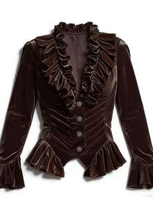 Spring New Velvet Retro Fitted Women Top - Coffee Brown - View 5