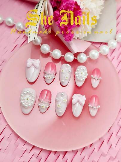 10片手工杏仁形亚克力美甲套装，包含粉色、白色和黑色，法式美甲，扎染图案，甜美Y2K风格全覆盖假指甲，配有3D花朵、心形宝石、彩色水钻、波点、珍珠和蝴蝶美甲装饰，附赠胶水。