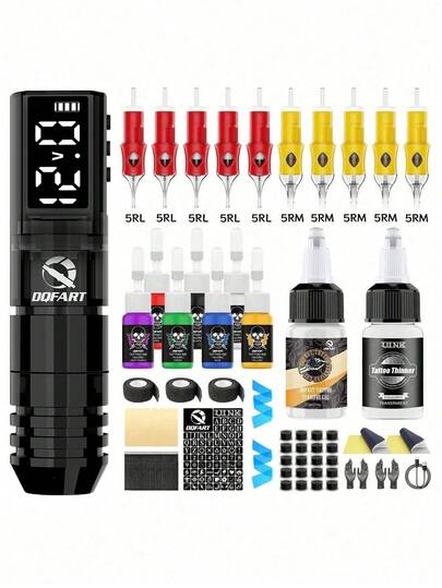 DQFART Kit de máquina de tatuaje inalámbrica, juego de máquina de tatuaje profesional de bajo ruido con batería de 1600mAh, pantalla LED digital, juego completo de pluma de tatuaje (incluye agujas de tatuaje desechables y juego de tintas de tatuaje), adecuado para principiantes y artistas de tatuajes