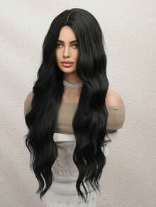 [Đáng tin cậy] Tóc giả xoăn gợn sóng màu đen thanh lịch dài 26 inch, được làm từ sợi tổng hợp chịu nhiệt, tự nhiên và chân thực, phù hợp cho cosplay, tiệc tùng, Halloween và trang điểm hàng ngày. - màu đen - Xem 3