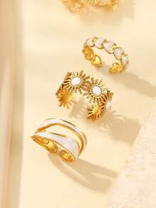 Bộ 3 chiếc nhẫn hình trái tim và mặt trời bằng thép không gỉ mạ vàng 304, có thể điều chỉnh kích thước, chống nước, chống mồ hôi và chống phai màu, thích hợp để phụ nữ đeo hàng ngày hoặc làm quà tặng. - Vàng - Xem 2