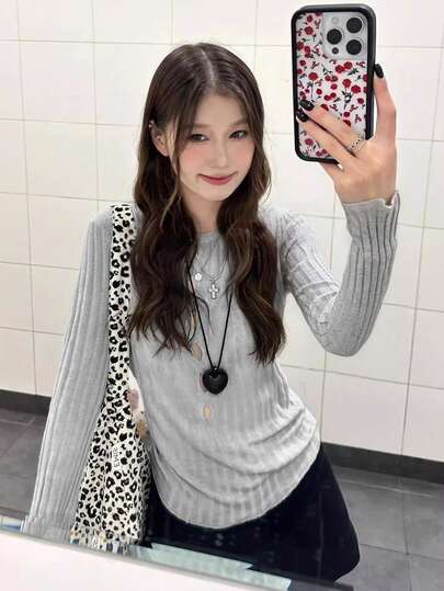 French Round Neck Hollow-Out Design Knit Sweater Top, Casual Fitted Long Sleeve Undershirt For Early Spring