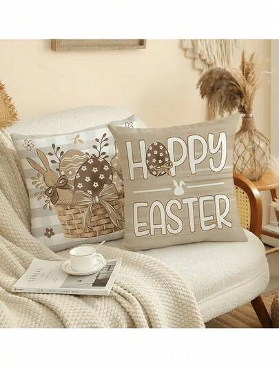 1 pieza Funda de almohada de conejo de lino de Pascua, Funda de almohada decorativa de conejo con lunares vintage y corazón, Funda de almohada de conejo con lazo de primavera para decoración rústica del hogar, decoración del hogar, decoración festiva