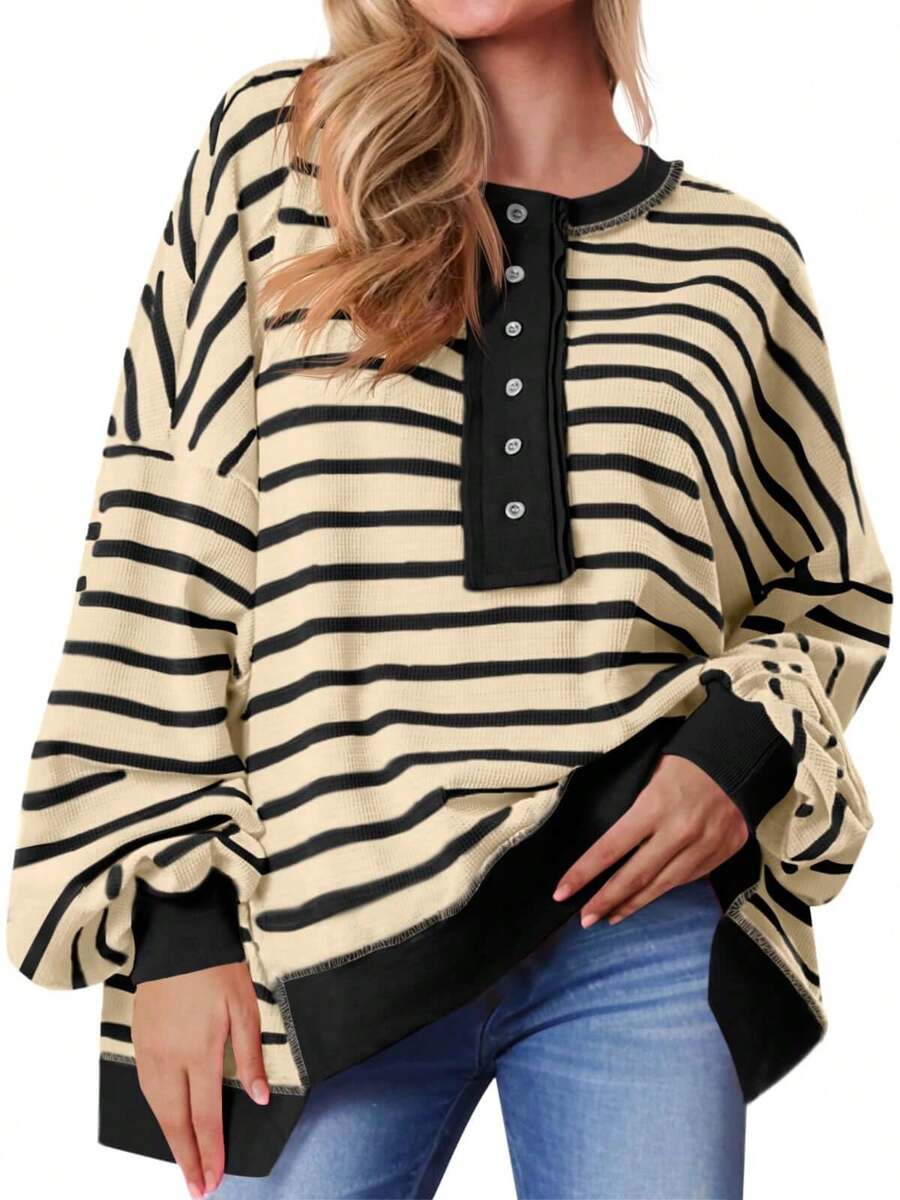 Womens Loose Fit Striped Henley Waffle Knit Pullover Casual Sweatshirt Tops - Màu be - Xem 1