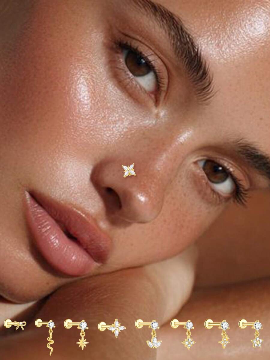 1pc S925 Sterling Silver & 14K Gold Flat Nose Stud, 18G Cartilage Tragus Helix Earring Jewelry, Internal Thread Lip Nose Ring Suitable For Women - Yellow Gold - View 1