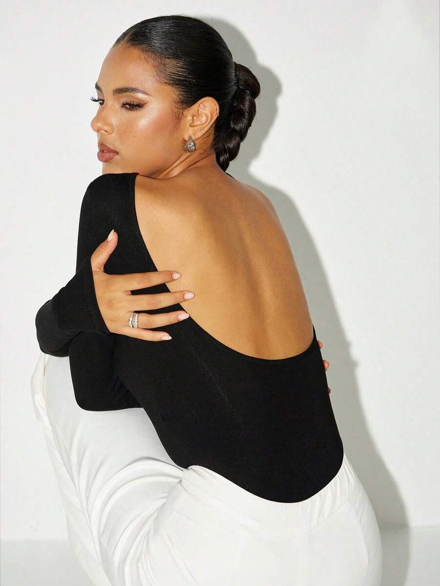 Sexy & Fashionable Backless Round Neck Long Sleeve Bodysuit, Versatile & Fitted, New For Spring/Autumn - Black - View 1