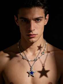 1pc Men's Silver Faux Pearl Metal Handmade Star Pendant Multi-Layer Necklace - Blue - View 16