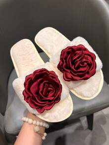 女士白色休闲毛绒拖鞋，室内3D红色玫瑰花家居拖鞋，平底软鞋，情人节礼物，套脚棉拖鞋 - 白色 - 查看 3
