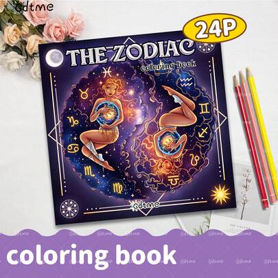 GDTME 1 Zodiac-Themed Coloring Book, Containing 12 Zodiac-Themed Coloring Pages With Exquisite Holiday Designs | Upgraded Version (Pearl Thick Paper), Size 7.9x7.9 Inches, 24 Pages Single-Sided Designs | Art Supplies To Relieve Stress, Perfect Gift For Back-To-School Season, Easter, Holidays, Or Birthdays.