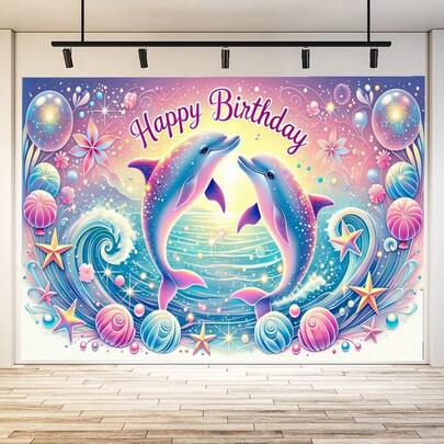 1 st kreativ födelsedagsbanderoll tillverkad av polyestermaterial med glada rosa och blå delfinmönster, mjuk tonad bakgrund, stjärnor, bubblor och snäckskalelement - lämplig för födelsedagsfestdekoration, fotobakgrundsdekoration, trädgårdsdekoration, födelsedagsdekorationer