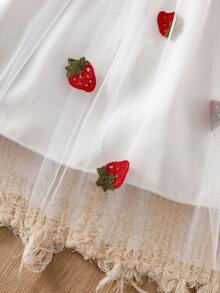 1pc Girls Casual Solid Color Soft Comfortable Jacquard Fabric Strawberry Pattern Mesh Puff Sleeve Mid-Length Dress, Suitable For Outdoor Wear, Spring/Summer - Multicolor - View 7