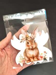 100个复活节兔子和花朵图案礼品袋，可爱兔子和春花图案透明自粘包装袋，4种不同图案混合装 - 非常适合复活节和主题派对礼品包装等。 - 彩色 - 查看 8