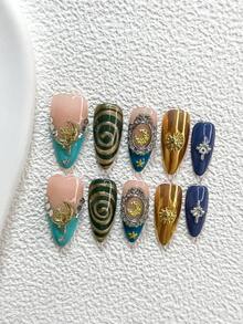 10pcs Retro Multifunctional Gel Manicure Set, Includes Acrylic Nail Stickers, Gold Star & Moon Patterns, Silver Rhinestone Stars, Hand-Painted Gold Halos, Blue-Green Nail Polish, Futuristic Style, Ideal Gift For Women & Girls Nails Handmade Press On Nails - Nhiều màu - Xem 16