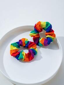 2pcs/Pack Rainbow Striped Elegant Polyester Hair Scrunchies, Suitable For Everyday Wear - Multicolor - View 1