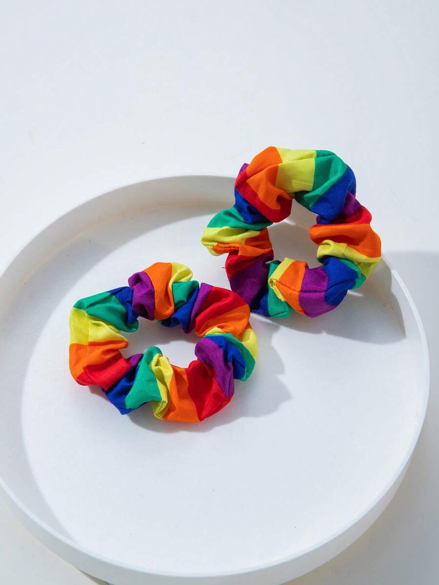 2pcs/Pack Rainbow Striped Elegant Polyester Hair Scrunchies, Suitable For Everyday Wear - Multicolor - View 1