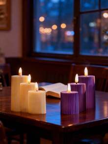 Plastic Beige Gear Striped Electronic Flameless Candle Set, Modern Flameless LED Party Candles, Faux Stone Wax Material Home Decor Candle Accessories - Multicolor - View 22