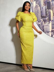 Damen Gelbes Jacquard Figurbetontes Kleid mit Schleife, Puffärmeln, elegant für Hochzeitsgäste, festliche Anlässe Frühlingsparty - Gelb - Übersicht 5