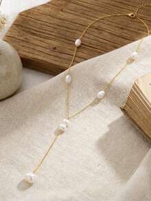 1pc 925 Sterling Silver 14k Gold Plated Y-Shaped Freshwater Pearl Pendant Necklace, Natural Gemstone, Suitable For Women's Wedding, Party Occasions, Can Be Used As A Gift