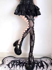 1 Pair Spring/Summer Pink/Black/White Hollow Out Fishnet Stockings, Asymmetrical Mesh Tights With Side Rose Flower Cutouts, Distressed Jacquard Sheer Pantyhose, Y2K Baddie Punk Rock Festival - Multicolor - View 3