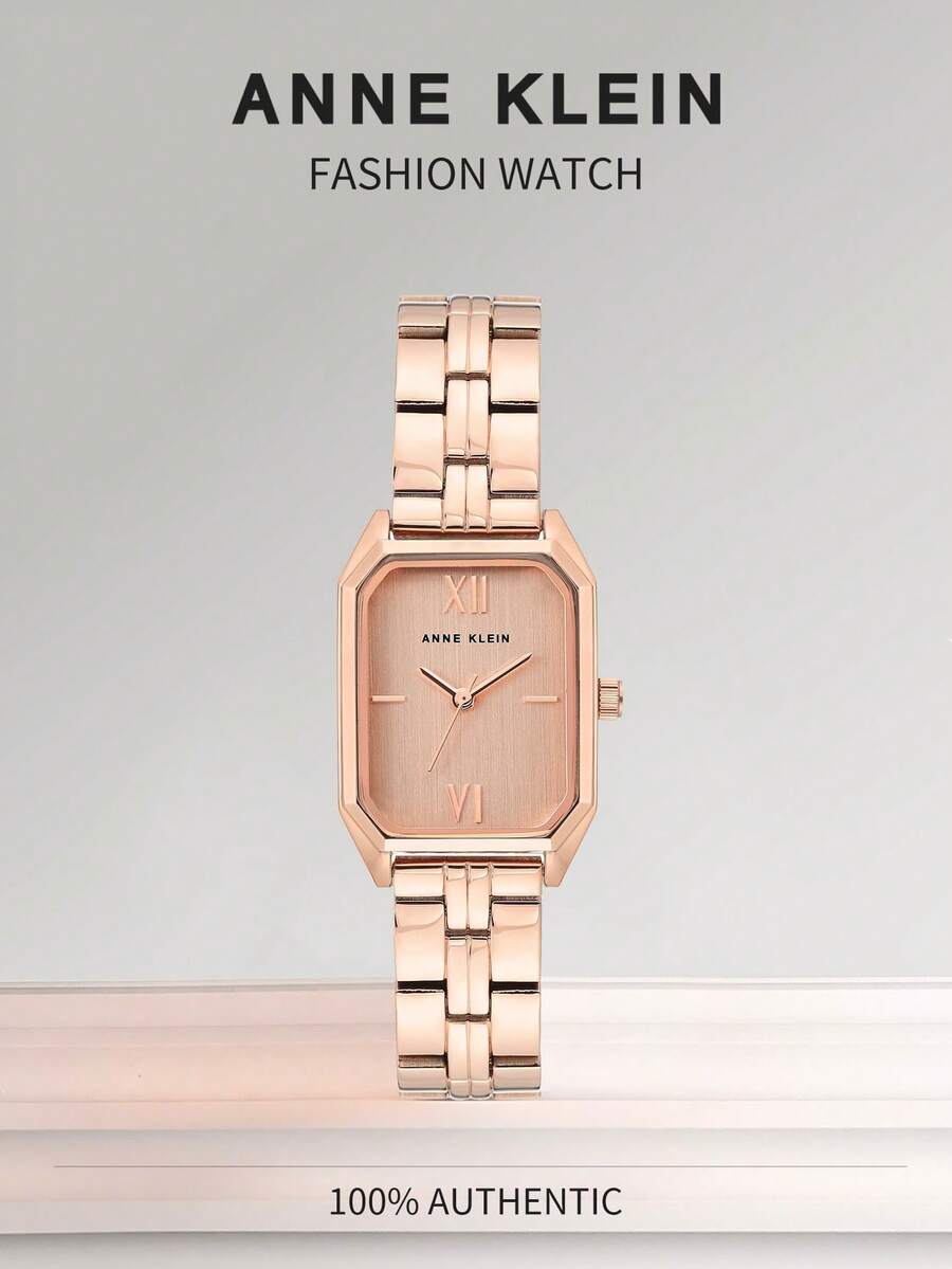 Anne Klein 女士方形小表盘腕表，时尚钢带休闲石英表，简约方形腕表，旅行礼物 - 玫瑰金 - 查看 1