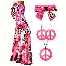5pcs/Set 70s Retro Hippie Style Women Pants Outfit, Disco Party Costume, Includes Peace Sign Earrings, Necklace, And Headband, Printed Pattern, Suitable For Christmas Party - Multicolor - View 18