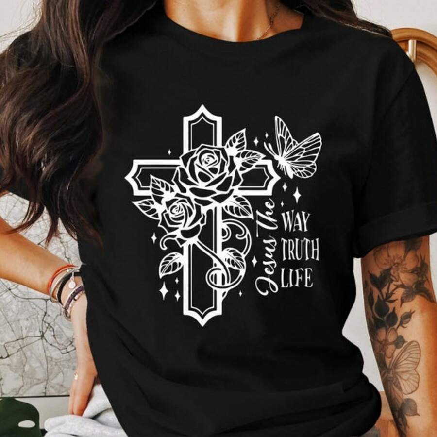 Jesus Way Truth Life T-Shirt, Cross Rose Butterfly Shirt, God Faith Religion Tee, Christian Rel, - Black - View 1